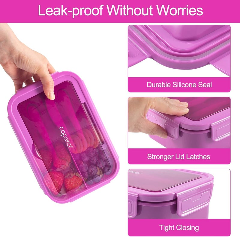 Caperci Classic Bento Lunch Box for Adult & Older Kids - Leakpoof 47 oz 3-Compartment Lunch Containers for Adults and Teens, Built-in Utensil Set, Ideal for On-the-Go, Purple - Image 3